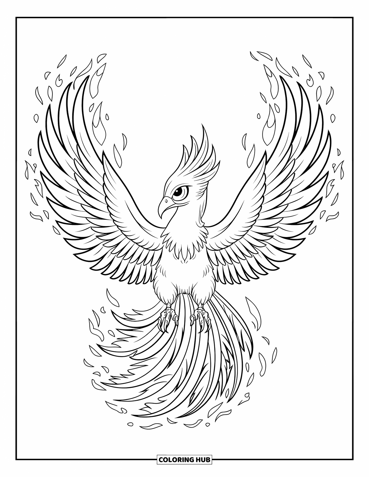 Chibi Animal Coloring Page for Kids: Chibi phoenix soars with flames and feathers trailing behind its wings