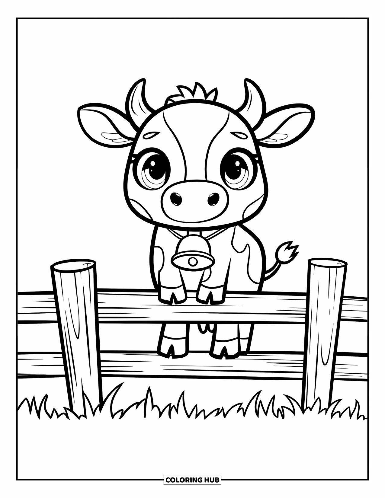 Chibi Animal Coloring Page for Kids: Cow with big eyes and a bell stands proudly on a wooden fence