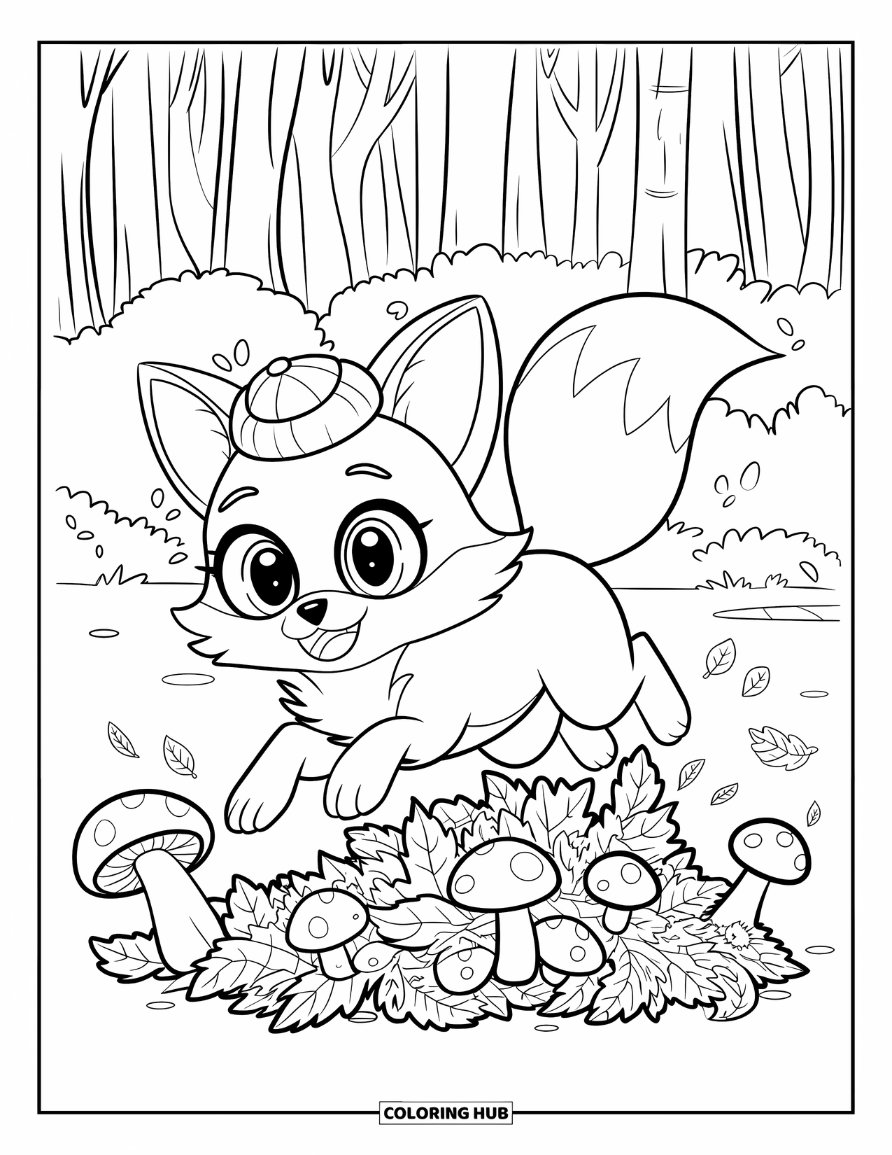Chibi Animal Coloring Page for Kids: Cute fox jumps through leafy forest ground dotted with mushrooms