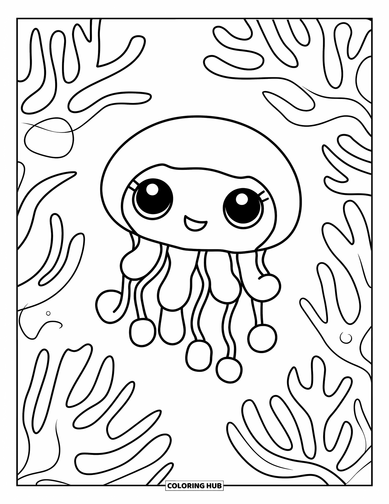 Chibi Animal Coloring Page for Kids: Cute jellyfish with expressive eyes floats among twisty coral branches