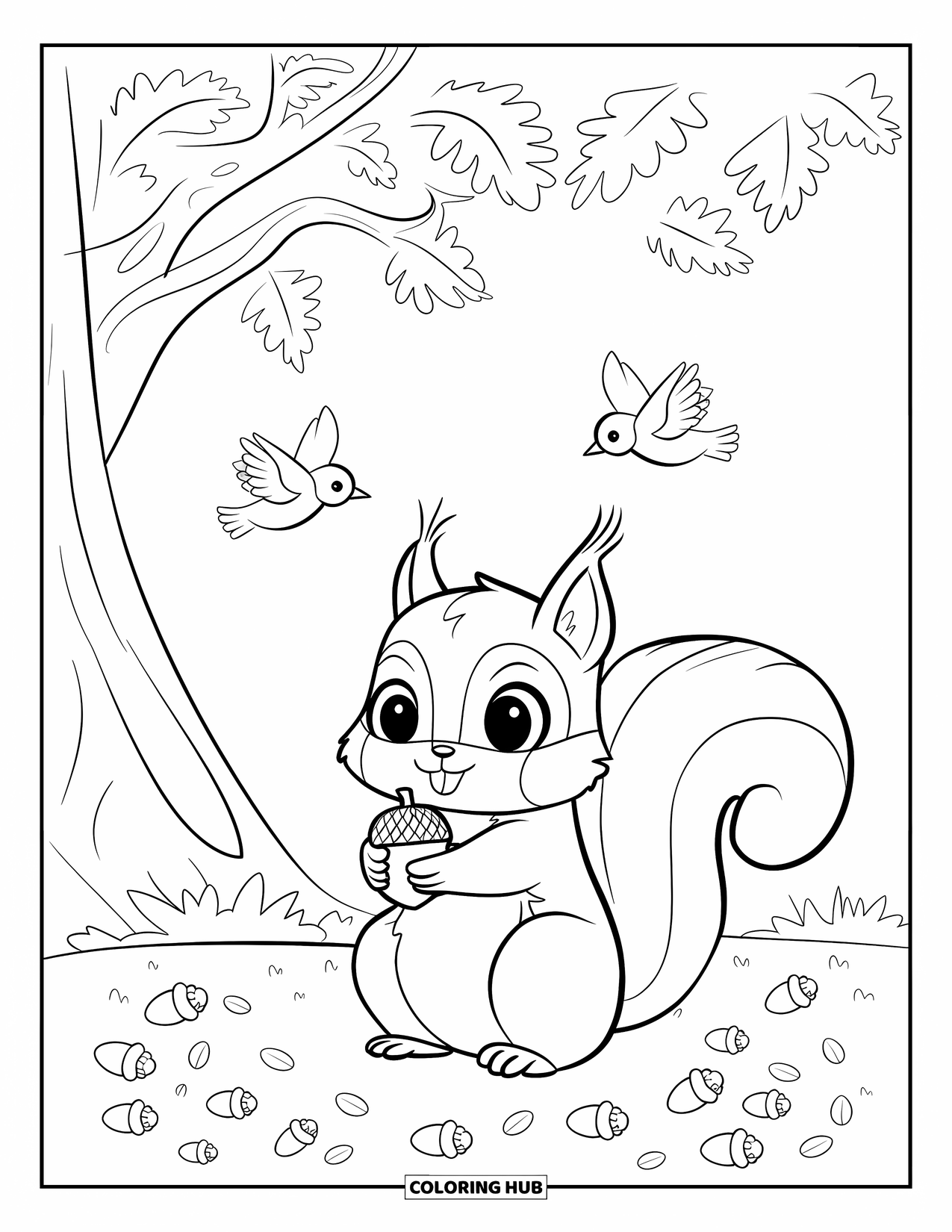 Chibi Animal Coloring Page for Kids: Cute squirrel with an acorn stands under a tree while birds fly above