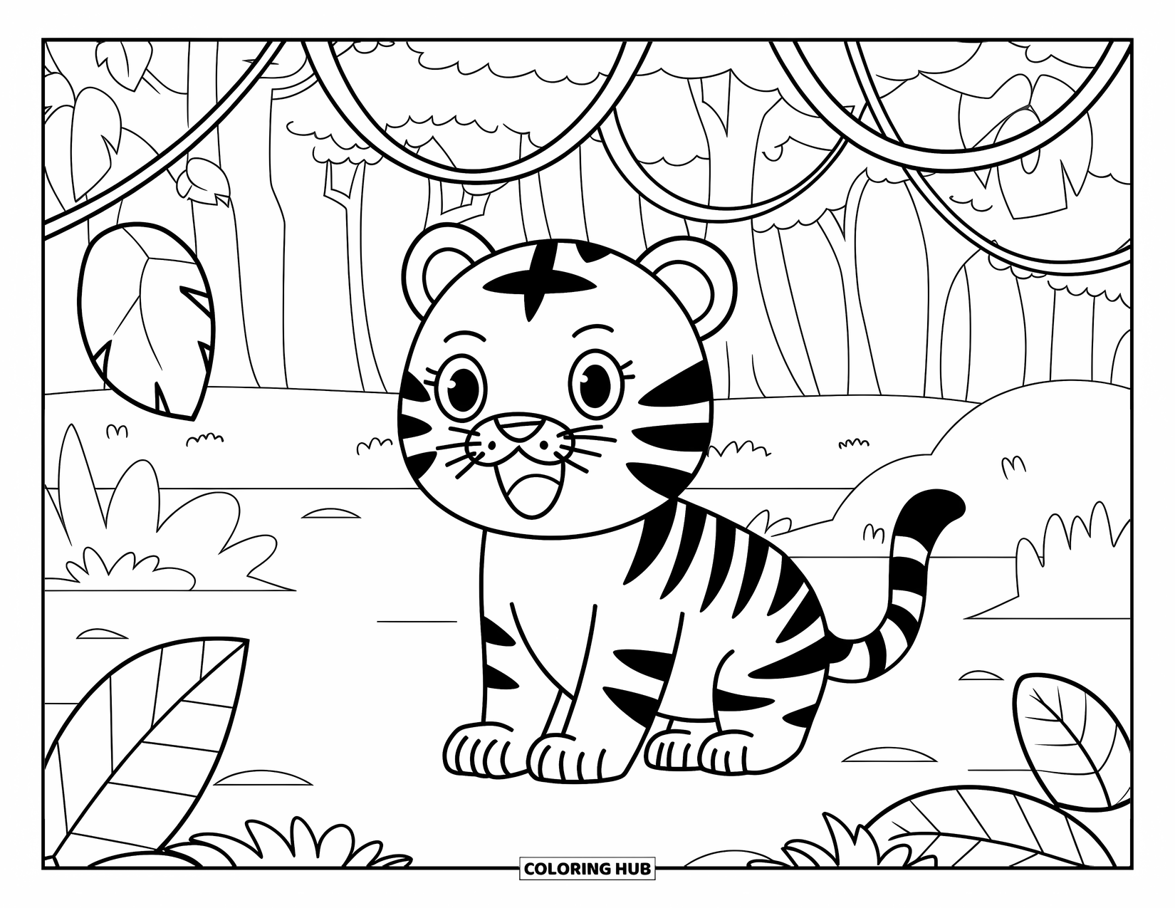 Chibi Animal Coloring Page for Kids: Cute tiger with an open mouth sits among jungle vines and trees