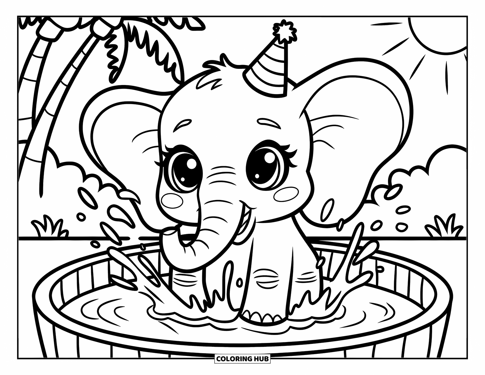 Chibi Animal Coloring Page for Kids: Elephant in a party hat splashes joyfully in a kiddie pool under the sunny sky