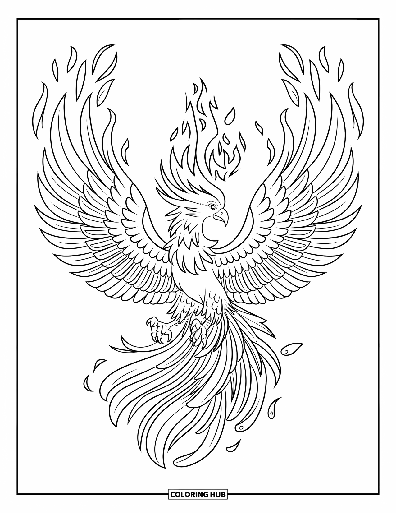 Chibi Animal Coloring Page for Kids: Fiery phoenix in mid-flight with bold feathers and trailing flames