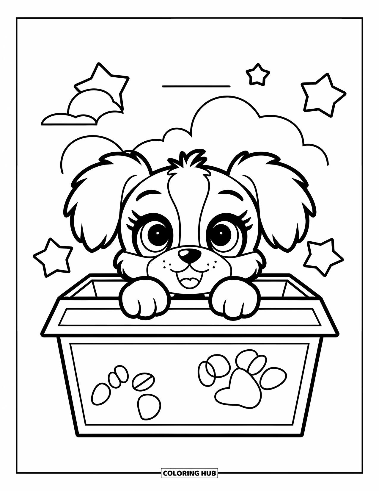 Chibi Animal Coloring Page for Kids: Fluffy puppy with big eyes peeks from a toy box under a sky with clouds