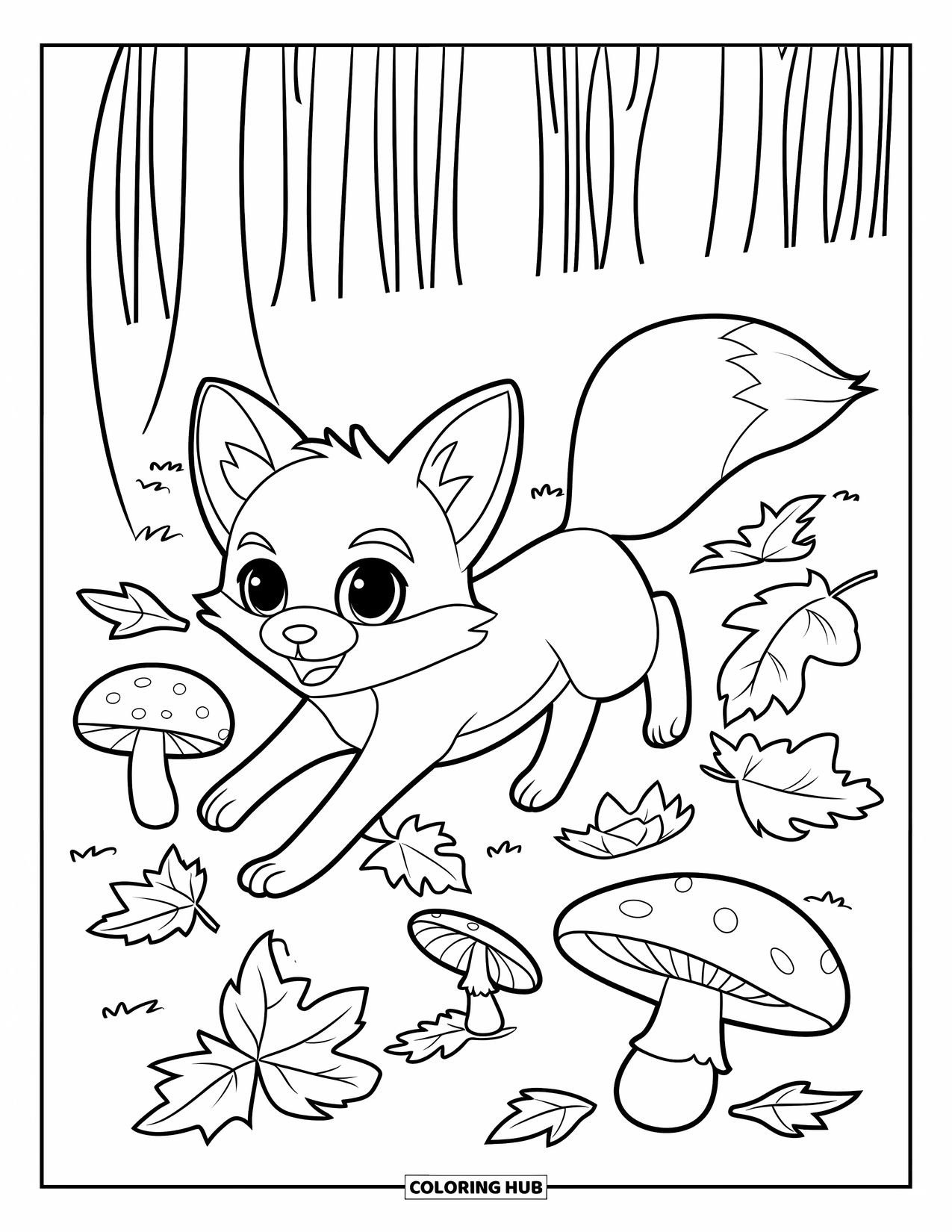 Chibi Animal Coloring Page for Kids: Fox leaps through fall leaves with mushrooms and tall forest trees