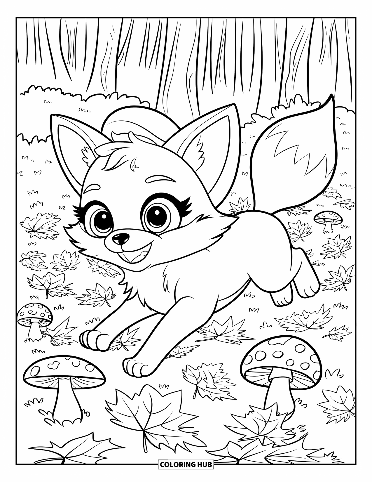 Chibi Animal Coloring Page for Kids: Happy fox in a tiny hat bounds through leaves and mushrooms in the forest
