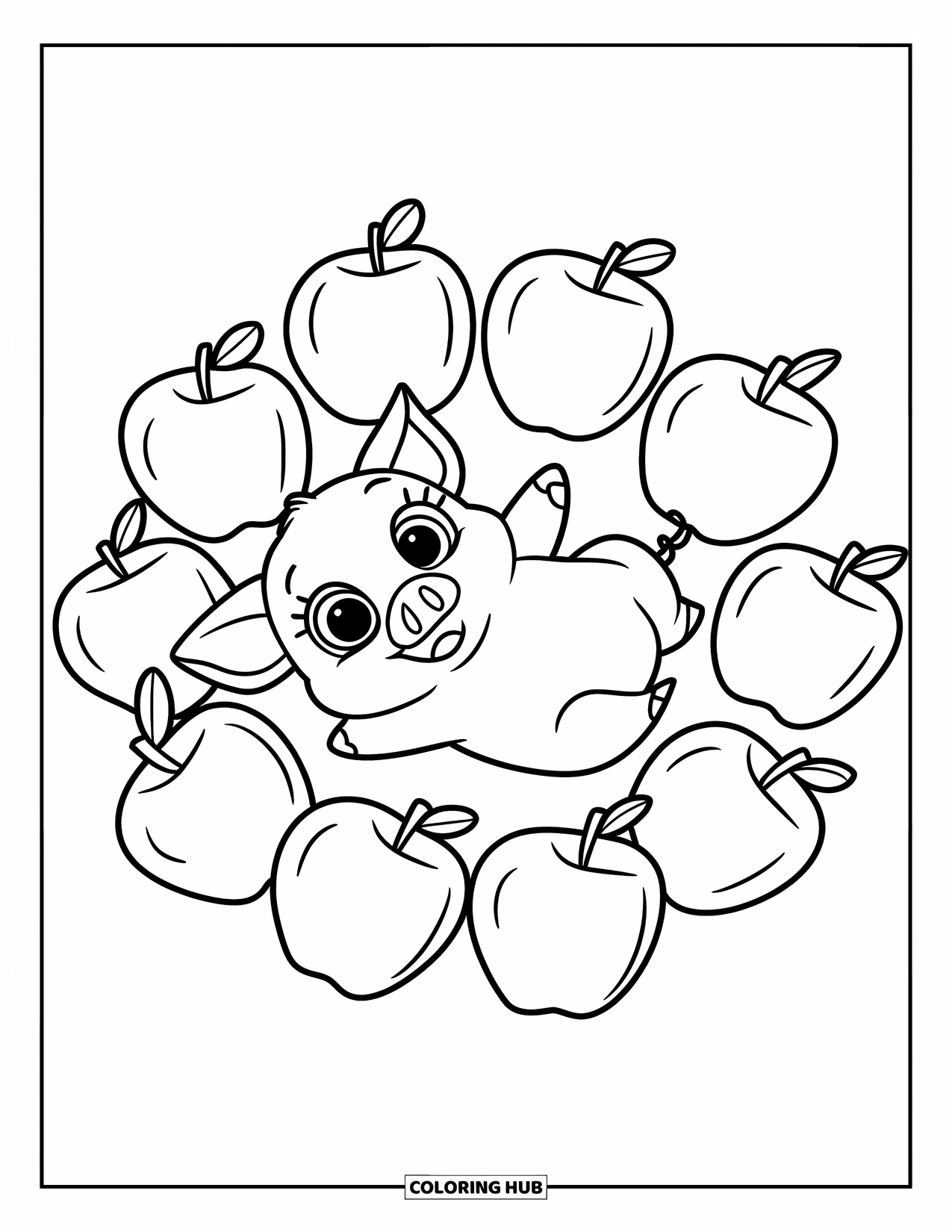 Chibi Animal Coloring Page for Kids: Happy piglet with round eyes lies among a circle of apples