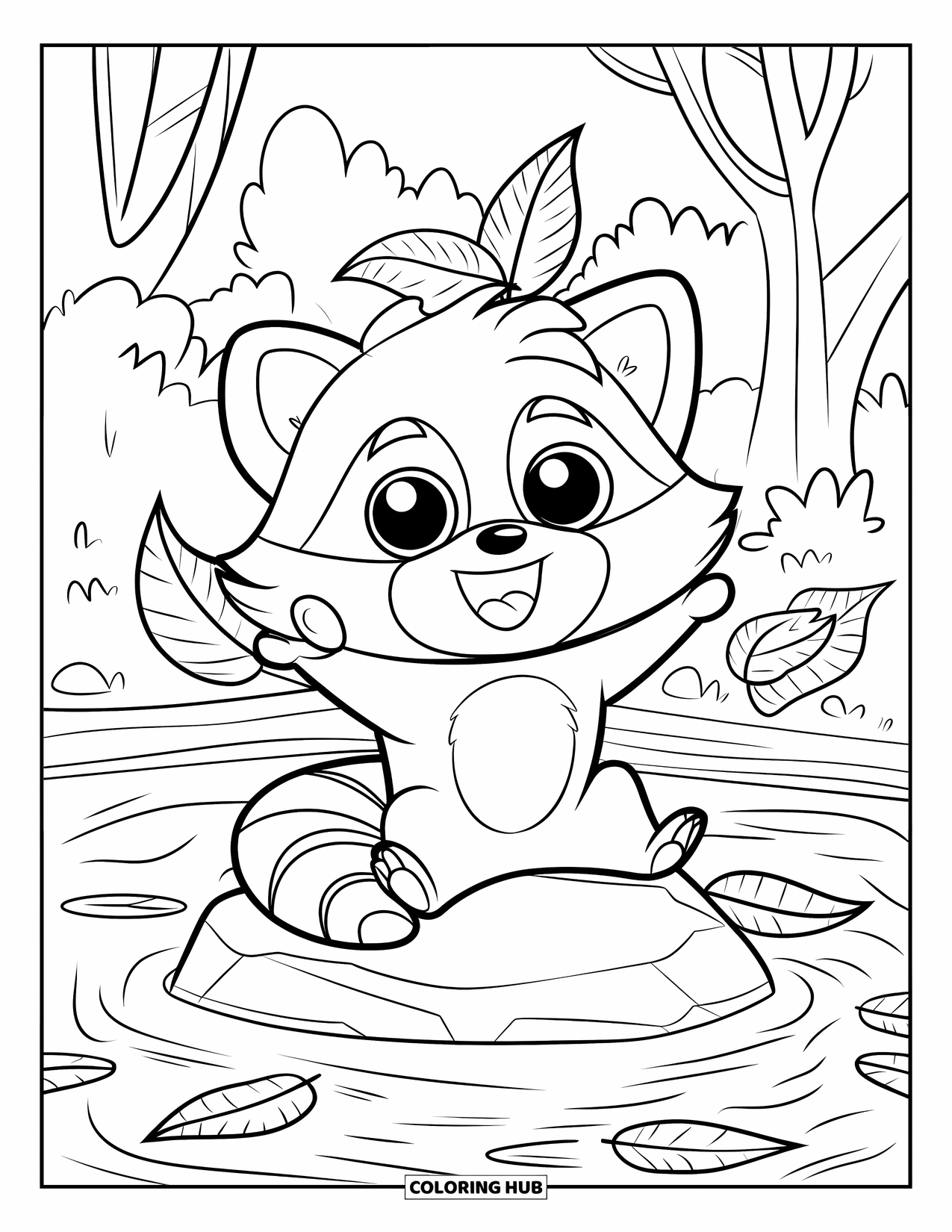 Chibi Animal Coloring Page for Kids: Happy raccoon with a leaf on its head sits near a calm pond