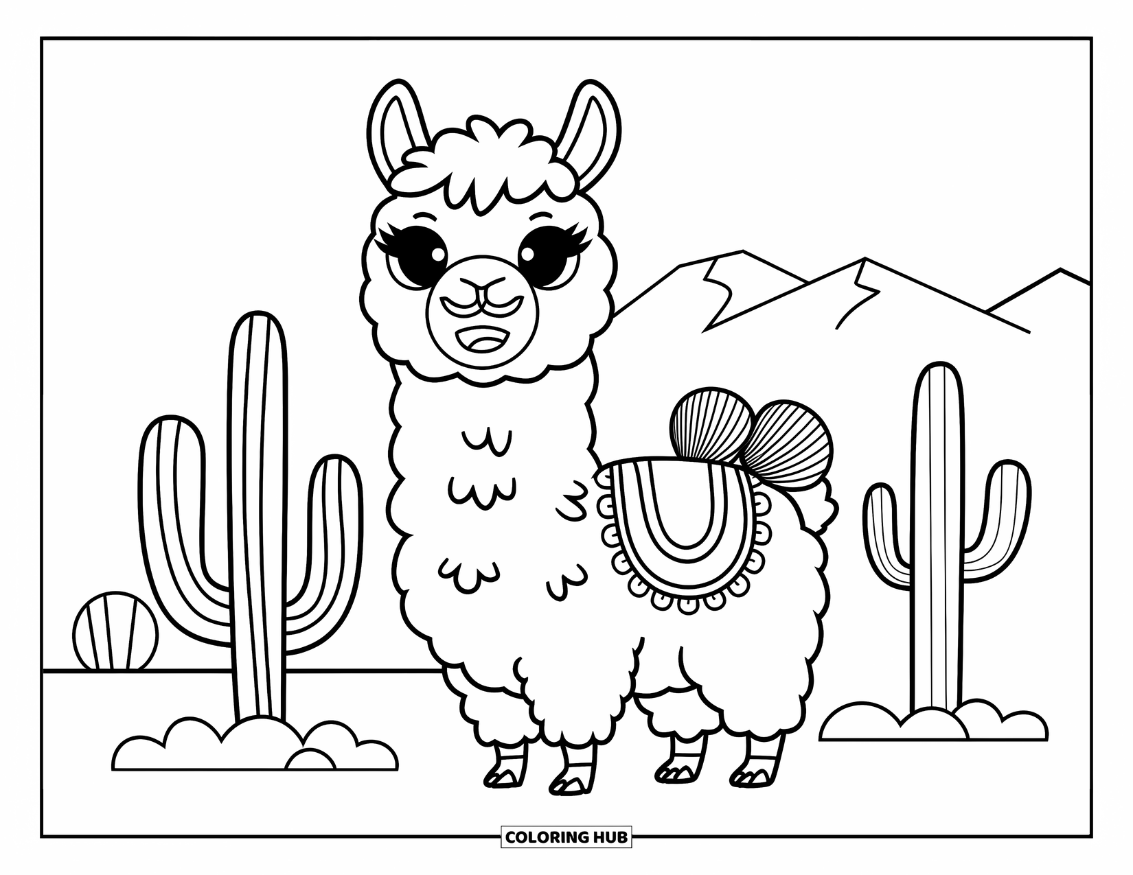 Chibi Animal Coloring Page for Kids: Llama with a toothy grin and pompoms stands by cacti and distant mountains