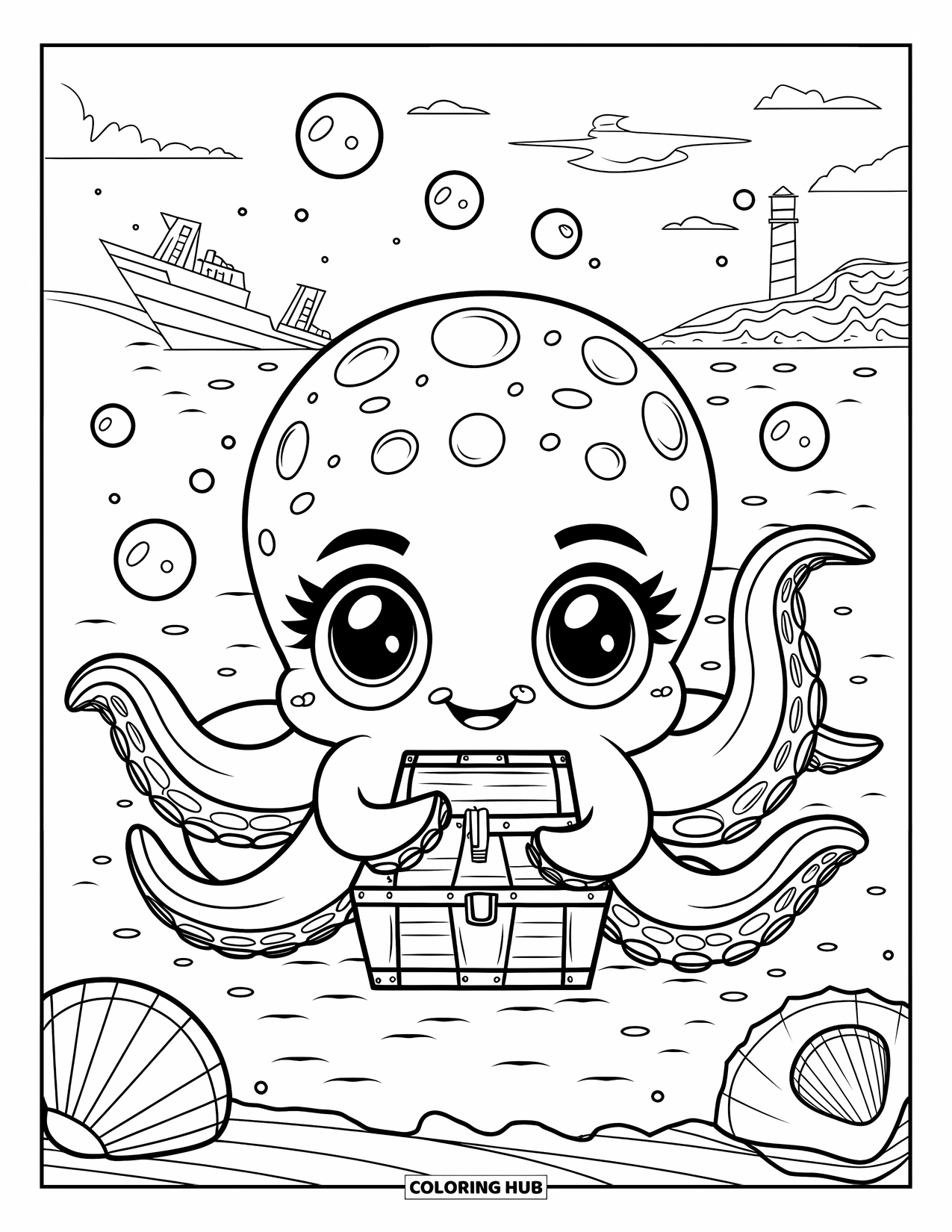 Chibi Animal Coloring Page for Kids: Octopus with big eyes holds a treasure chest by seashells and a shipwreck