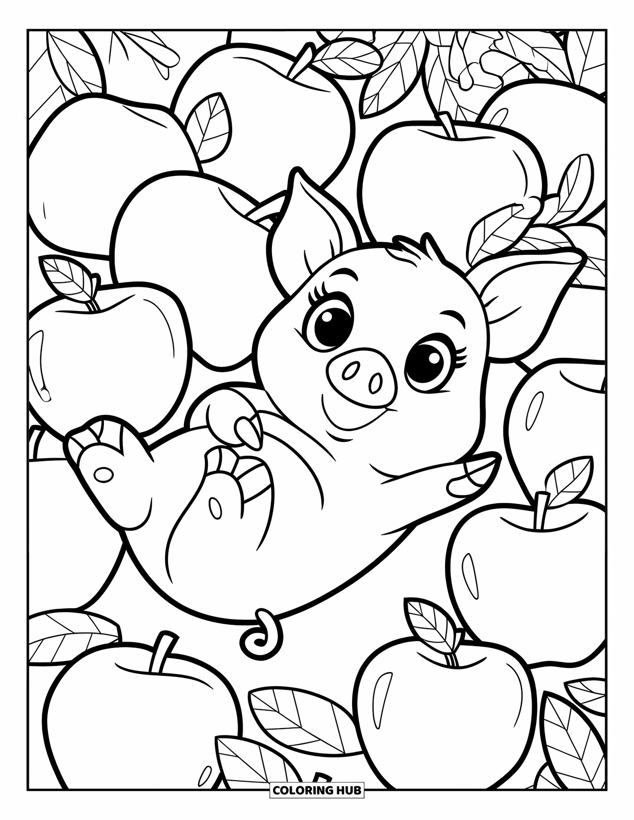 Chibi Animal Coloring Page for Kids: Piglet lies on its back, surrounded by scattered apples in a cute pose