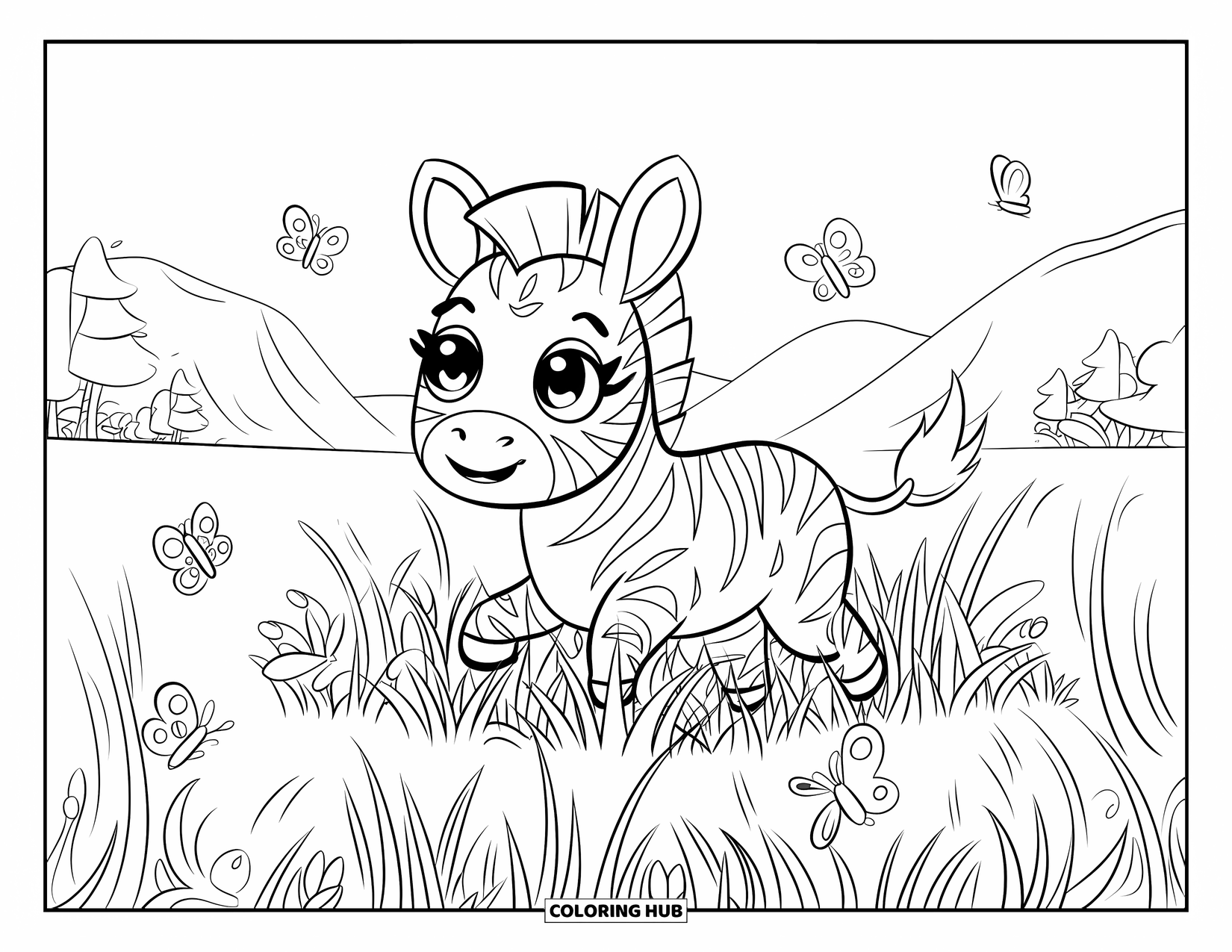 Chibi Animal Coloring Page for Kids: Playful zebra with big eyes frolics among butterflies in a grassy meadow
