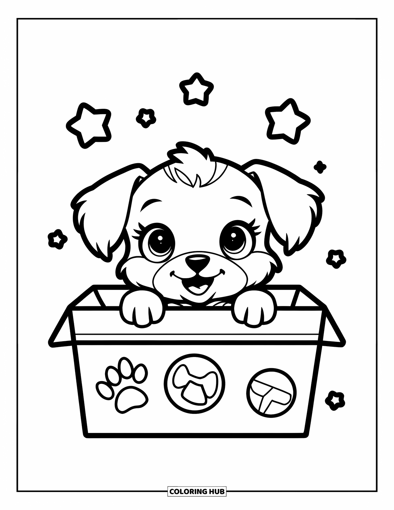Chibi Animal Coloring Page for Kids: Puppy with wide eyes peeks from a toy box as stars float above