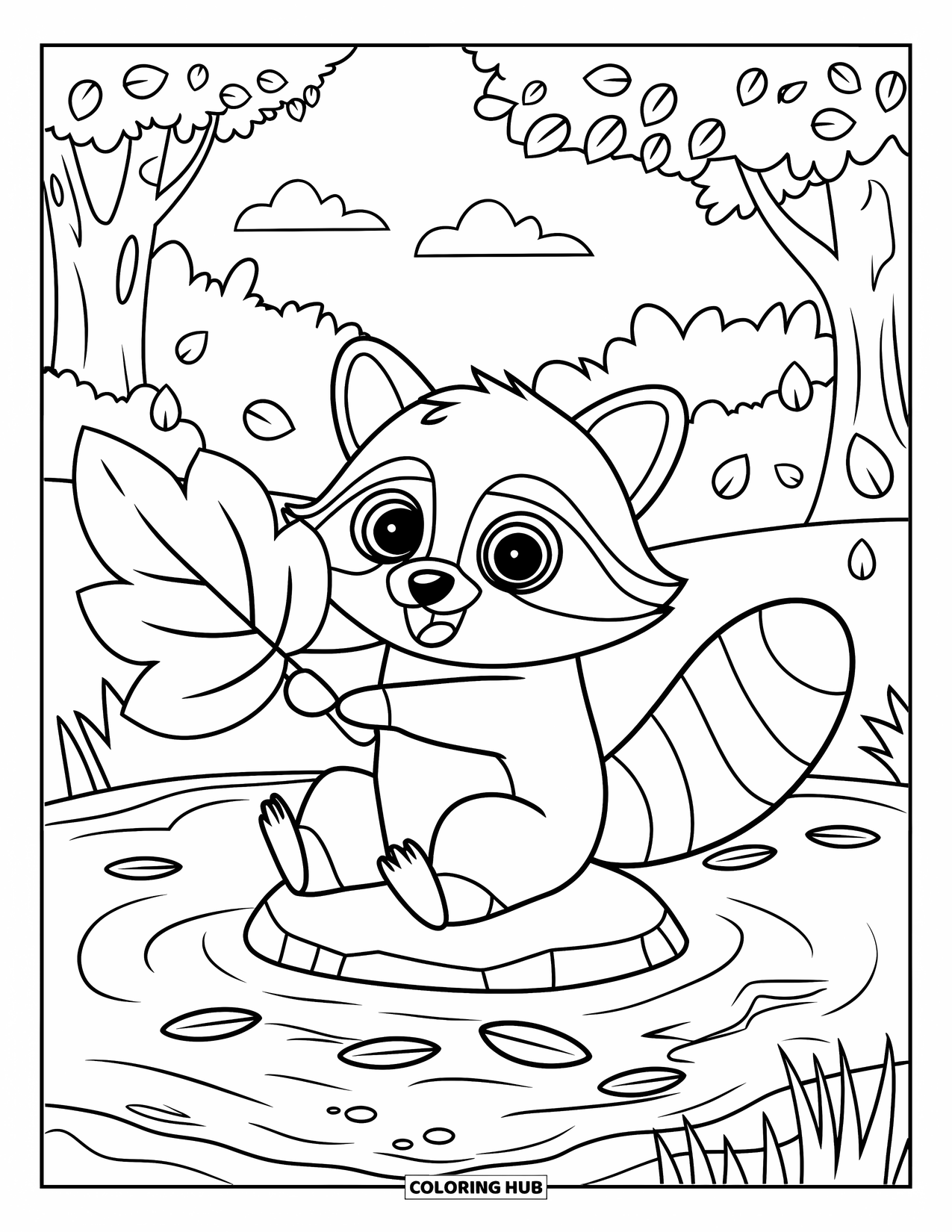 Chibi Animal Coloring Page for Kids: Raccoon plays with leaves while sitting on a rock in a quiet pond
