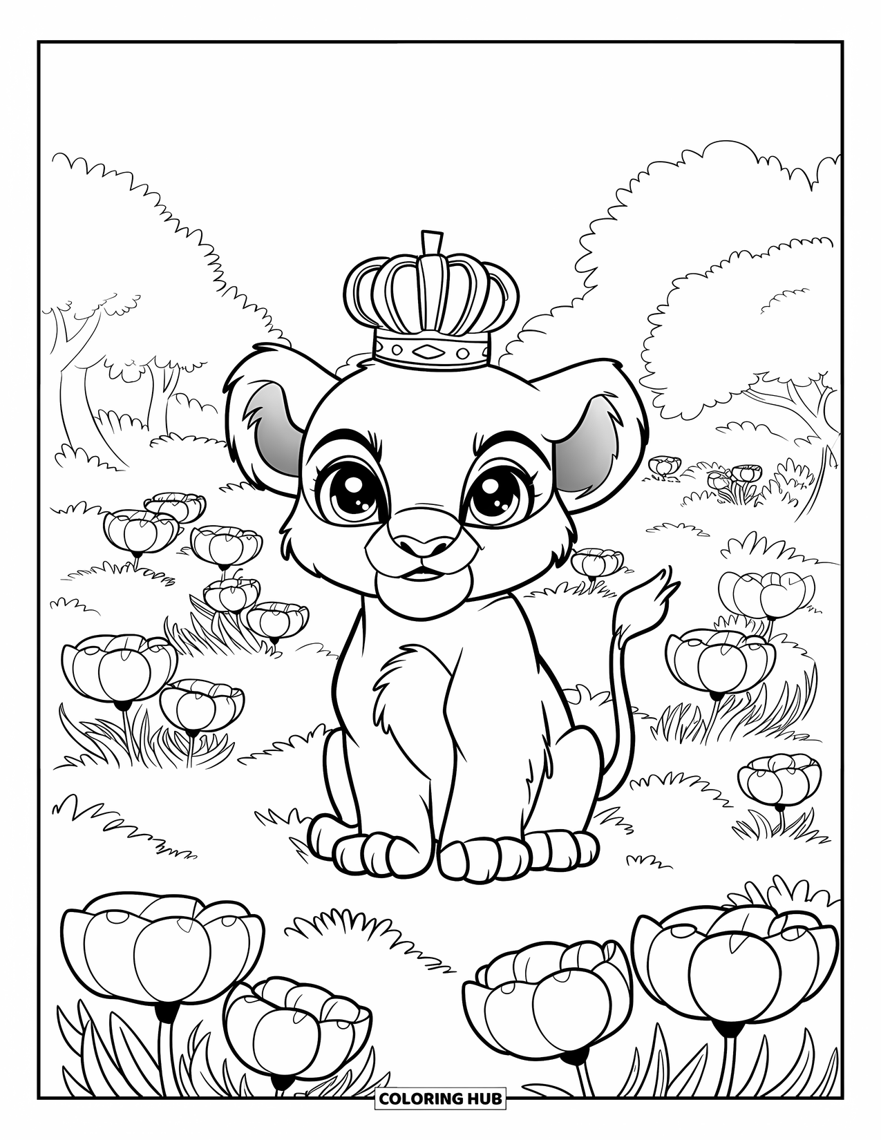 Chibi Animal Coloring Page for Kids: Regal lion cub wearing a crown rests in a field of bright flowers