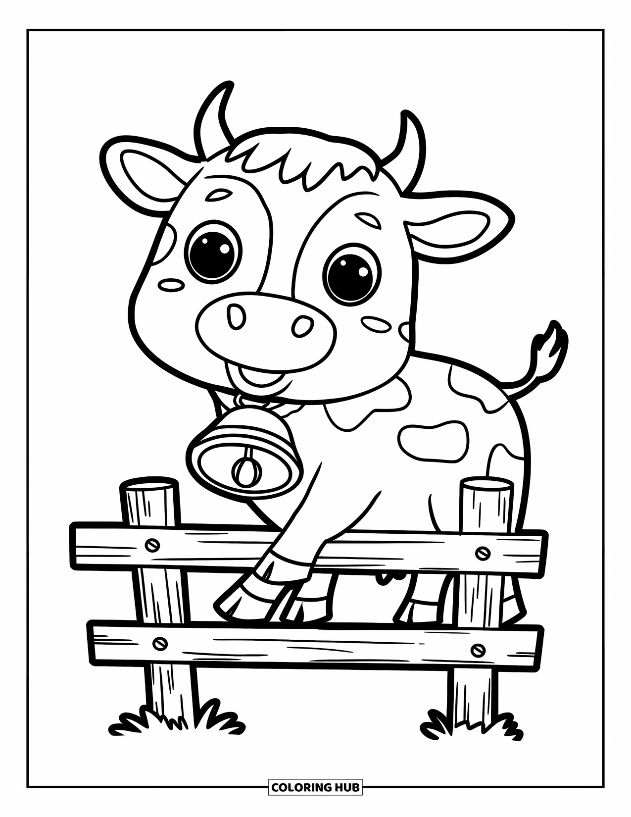 Chibi Animal Coloring Page for Kids: Round-faced cow with a bell balances on a wooden fence in a field