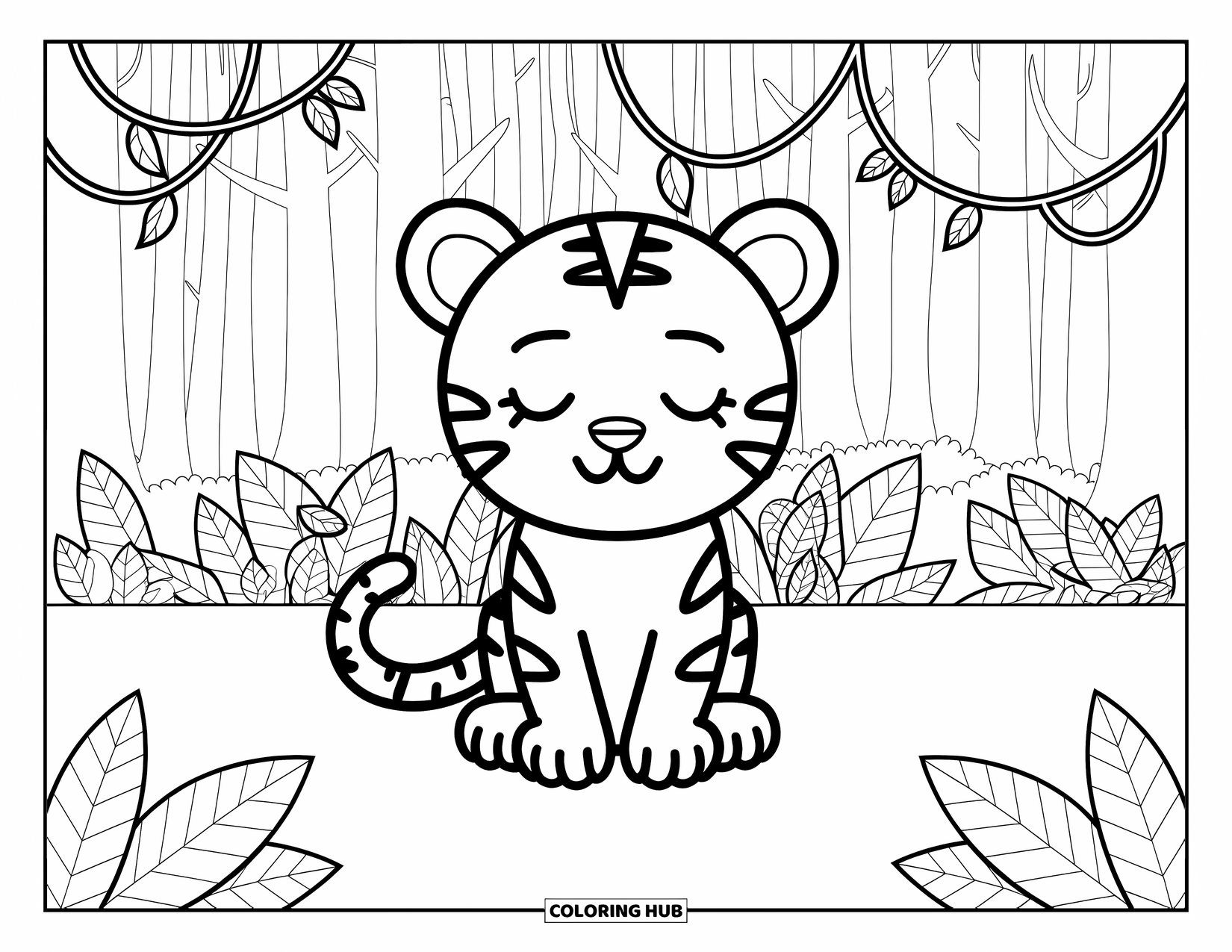 Chibi Animal Coloring Page for Kids: Sleepy tiger sits among tall jungle trees, surrounded by vines and leaves