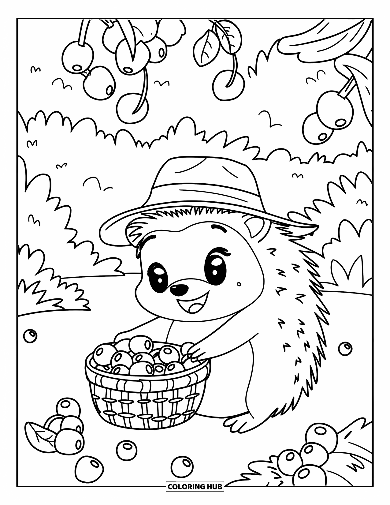 Chibi Animal Coloring Page for Kids: Smiling hedgehog wearing a hat gathers berries in a leafy forest