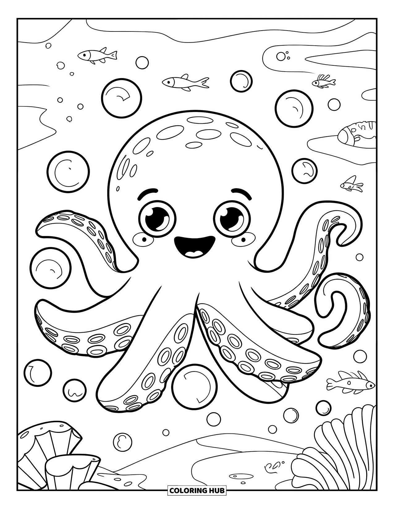 Chibi Animal Coloring Page for Kids: Smiling octopus with big eyes floats near coral, fish, and bubbles