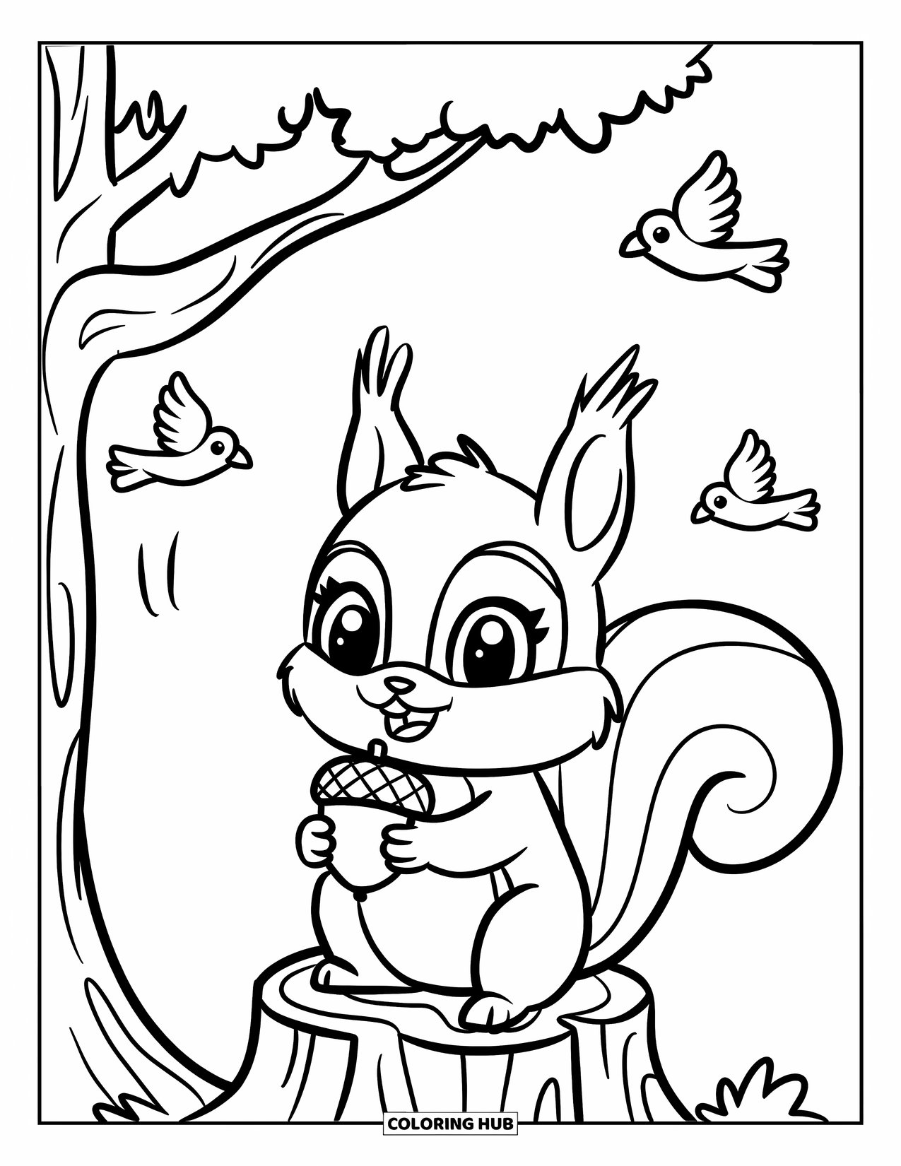 Chibi Animal Coloring Page for Kids: Squirrel hugs an acorn while sitting on a tree stump beneath flying birds