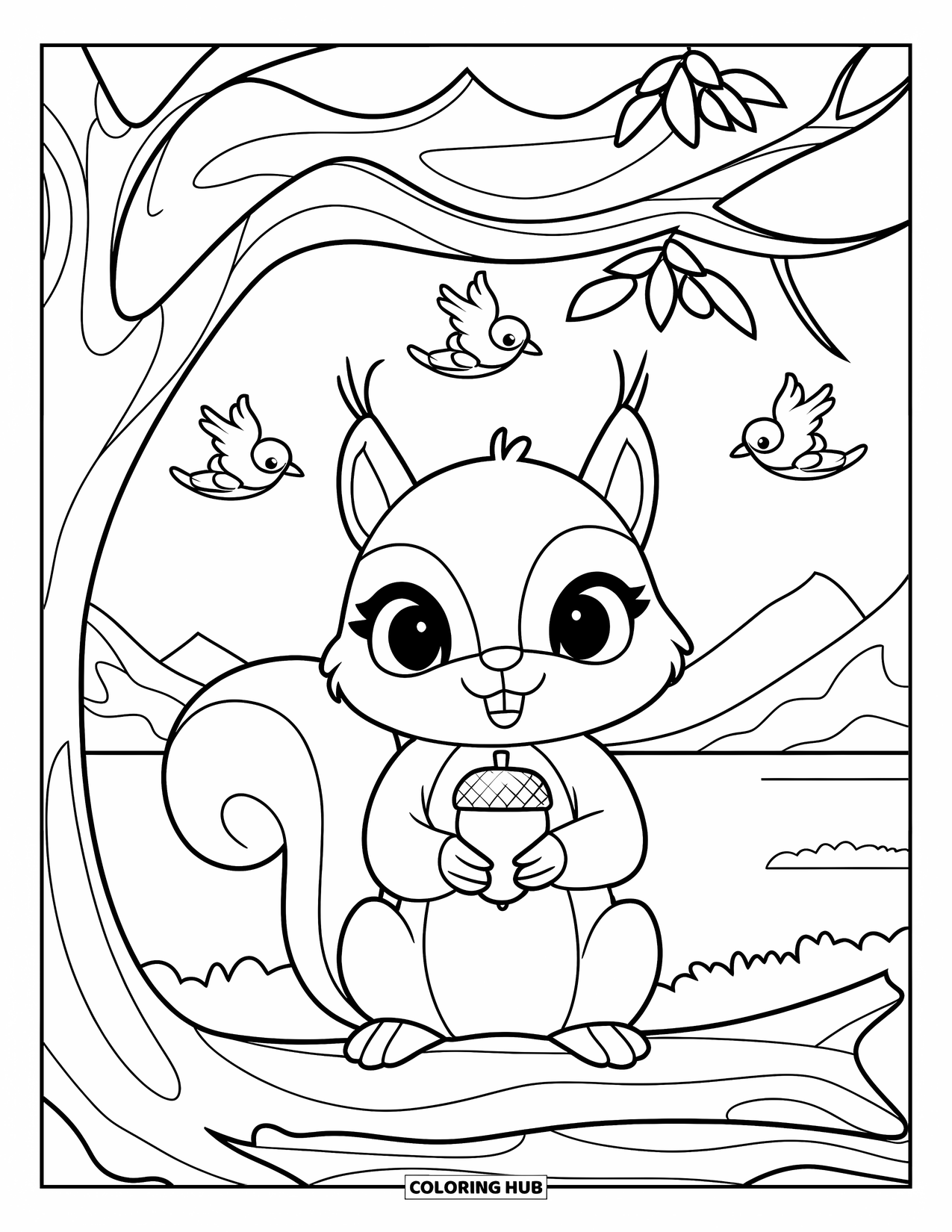 Chibi Animal Coloring Page for Kids: Squirrel with an acorn sits on a log under birds near a peaceful lake