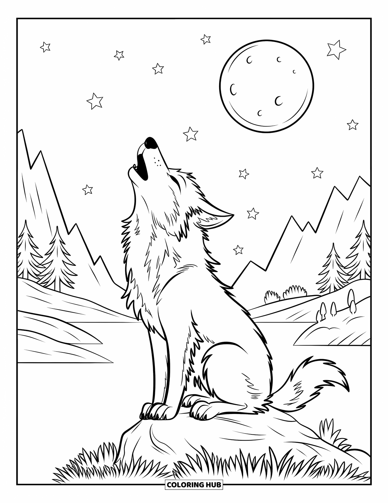 Chibi Animal Coloring Page for Kids: Wolf howls at the moon above mountains, trees, and calm water