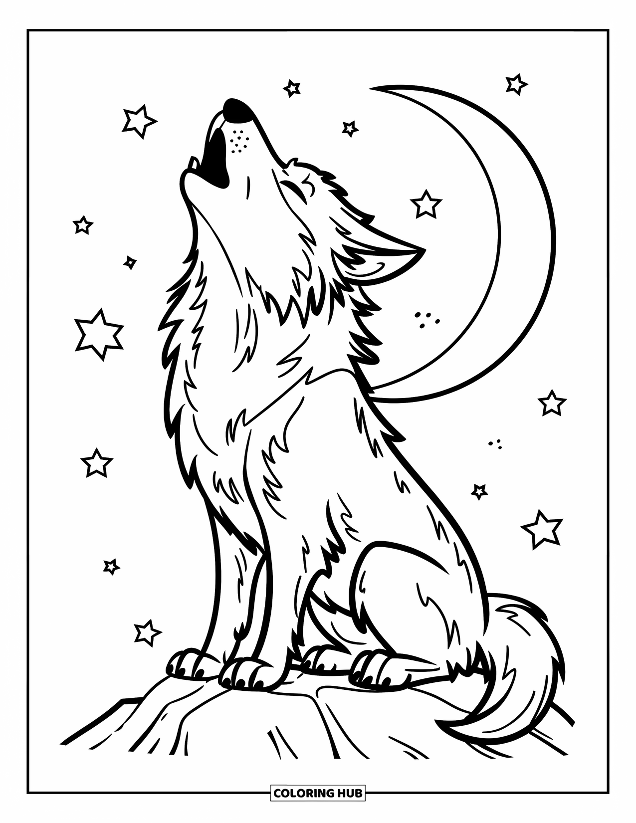 Chibi Animal Coloring Page for Kids: Wolf on a rock howls at the moon surrounded by stars