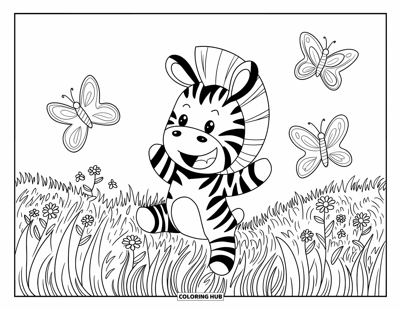 Chibi Animal Coloring Page for Kids: Zebra with a hat grins while butterflies swirl in a grassy field