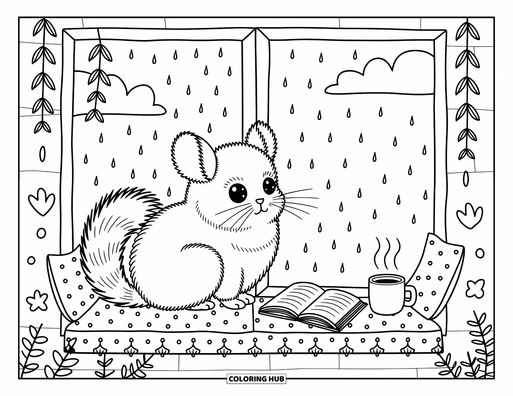 Chinchilla Coloring Page for Adults: A calm chinchilla rests on a window seat with rain falling and cozy items nearby