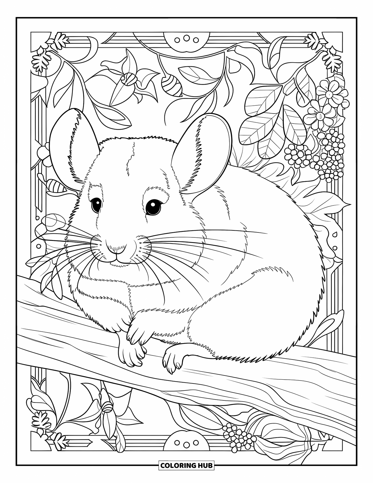 Chinchilla Coloring Page for Adults: A calm chinchilla sits in a sea of leaves, flowers, and swirling botanical vines