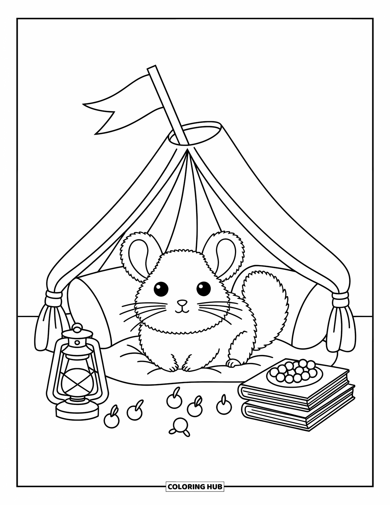 Chinchilla Coloring Page for Adults: A chinchilla hides in a pillow fort with a lantern, berries, and its fluffy tail poking out