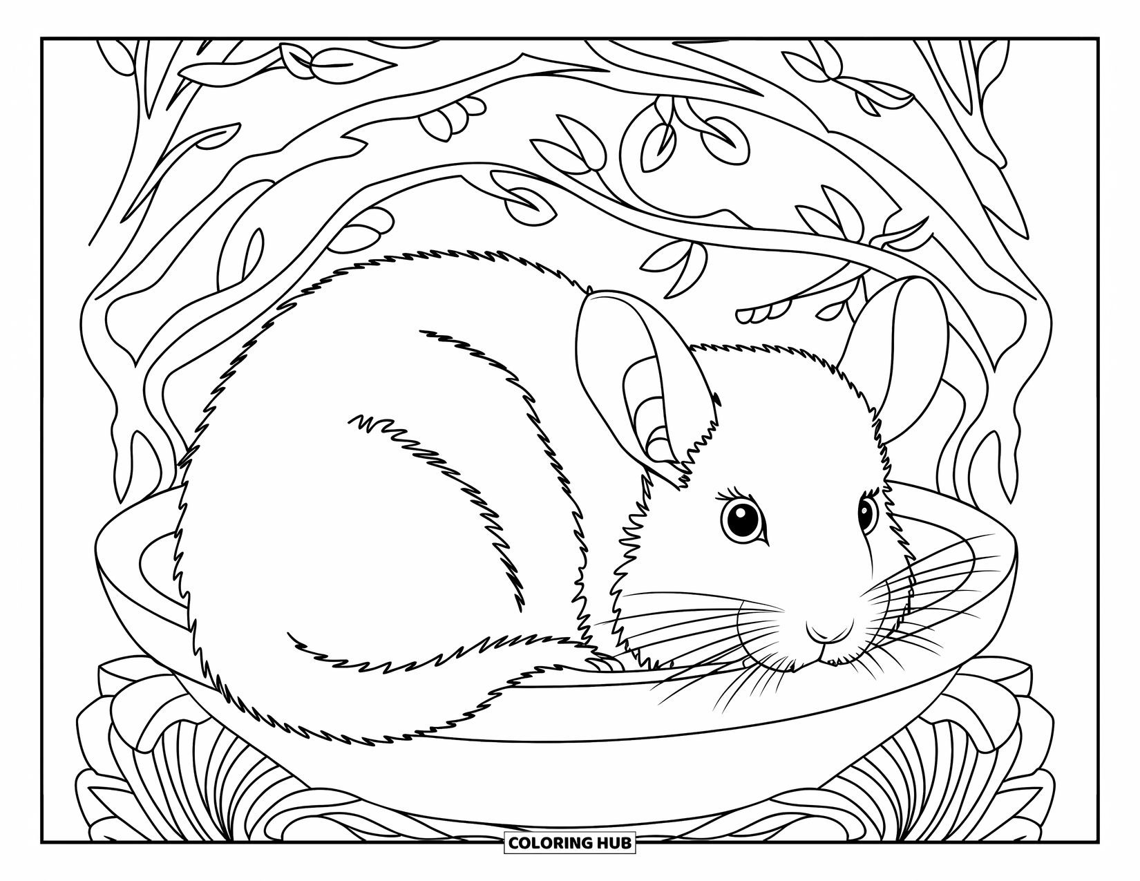 Chinchilla Coloring Page for Adults: A chinchilla rests in a bowl surrounded by detailed twigs and blooming flowers