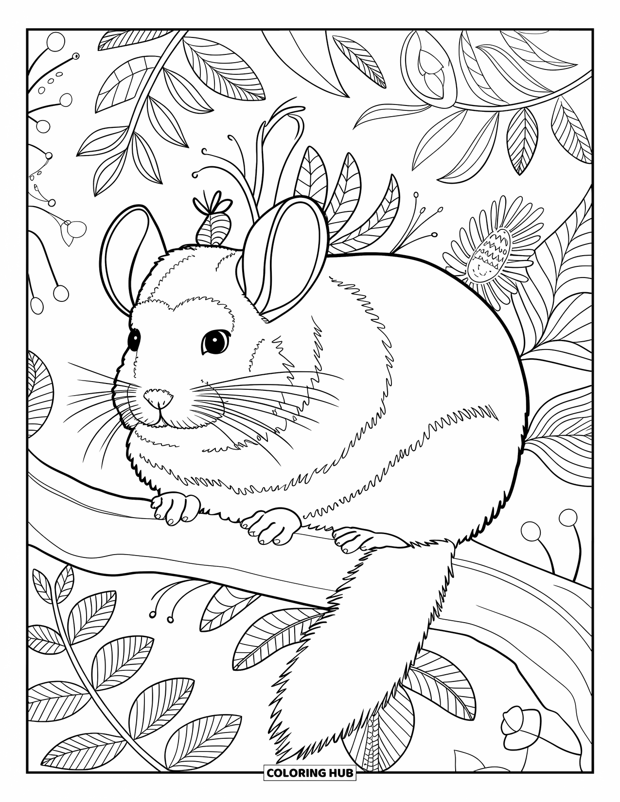Chinchilla Coloring Page for Adults: A chinchilla sits on a branch surrounded by swirling leaves, flowers, and botanical vines
