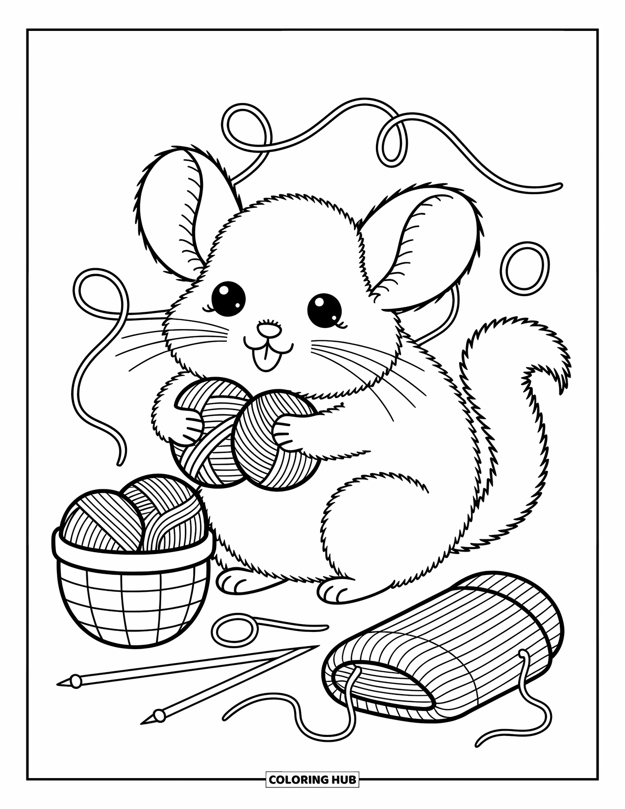 Chinchilla Coloring Page for Adults: A chinchilla, tangled in yarn, plays beside knitting needles and a basket of yarn