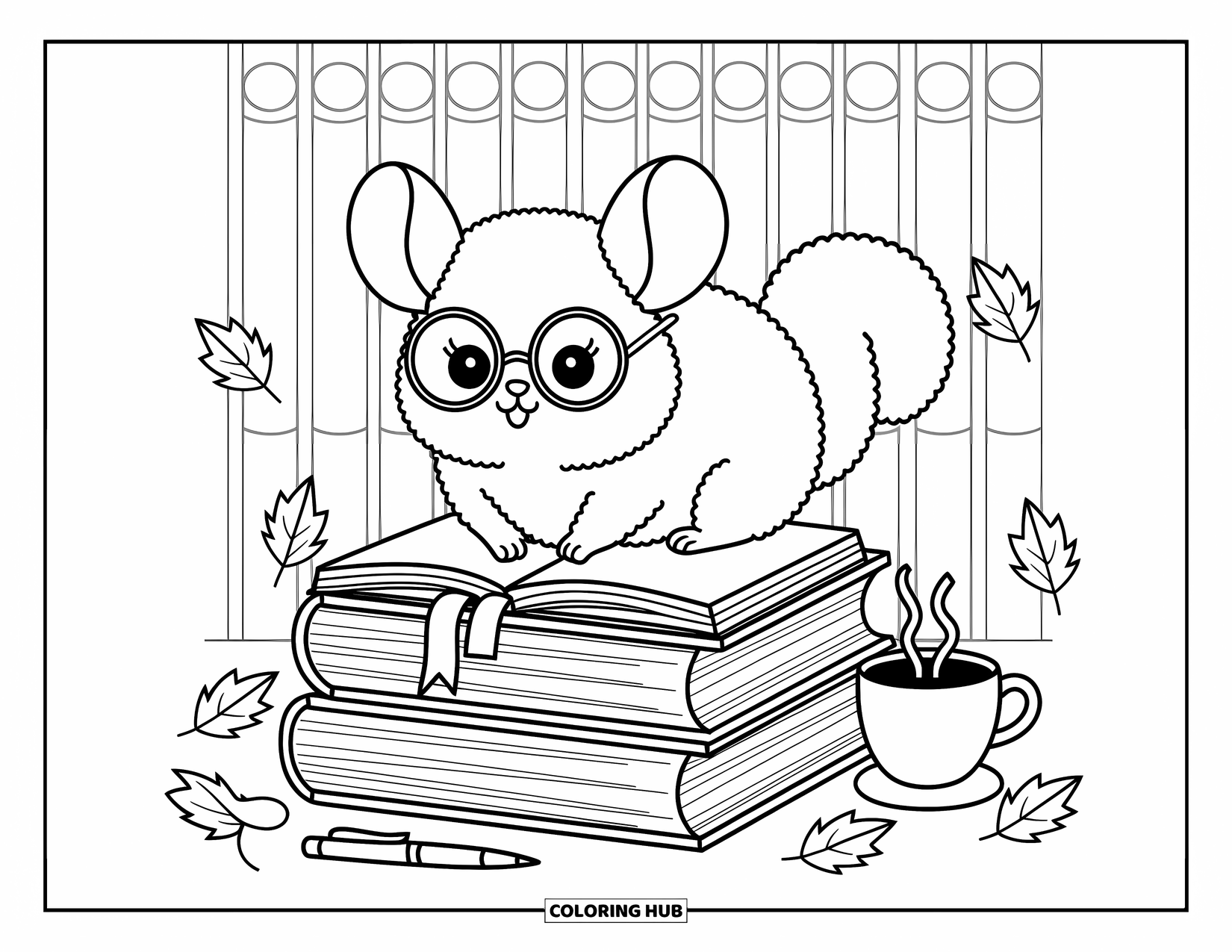 Chinchilla Coloring Page for Adults: A chinchilla with glasses sits among books, sipping tea in a cute reading nook
