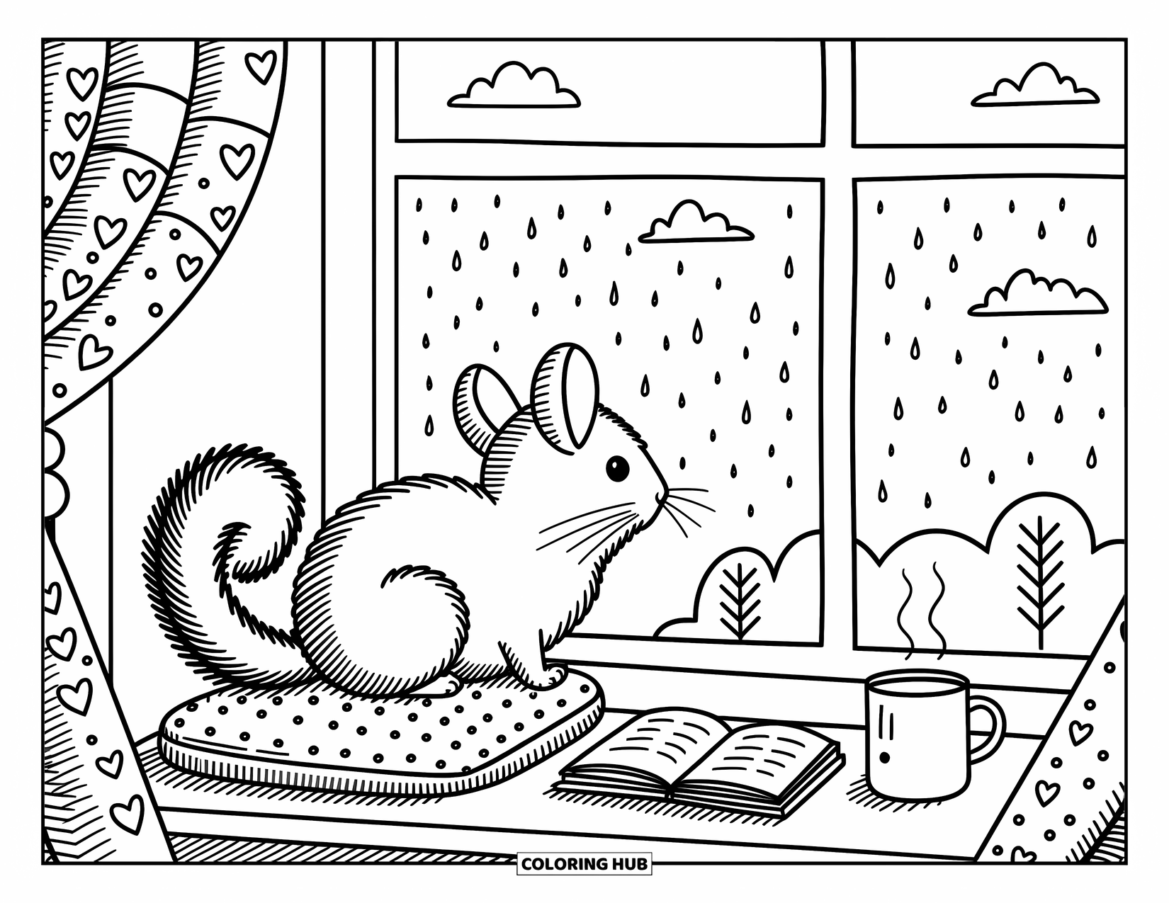 Chinchilla Coloring Page for Adults: A fluffy chinchilla gazes out a rainy window beside a book, mug, and leafy plant