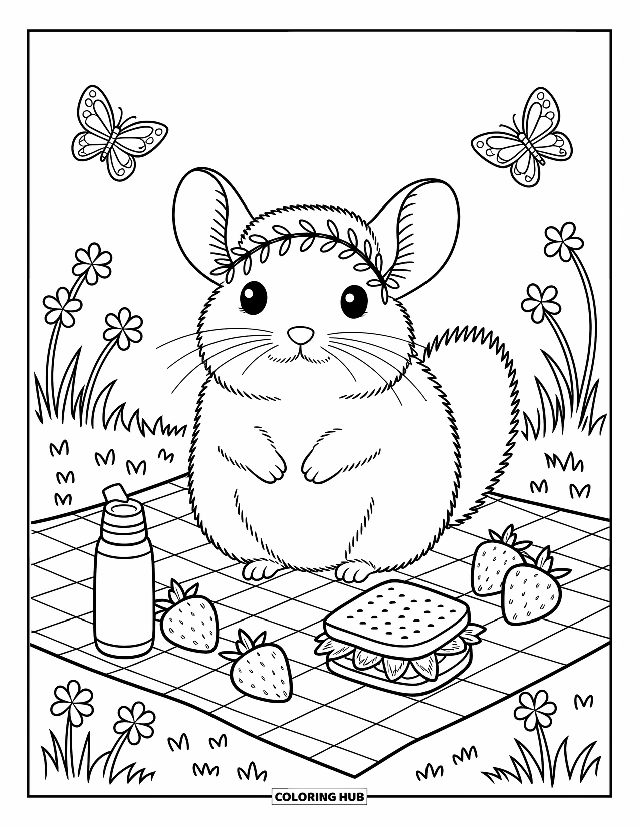 Chinchilla Coloring Page for Adults: A leaf-crowned chinchilla picnics on a blanket with fruit, snacks, and fluttering butterflies