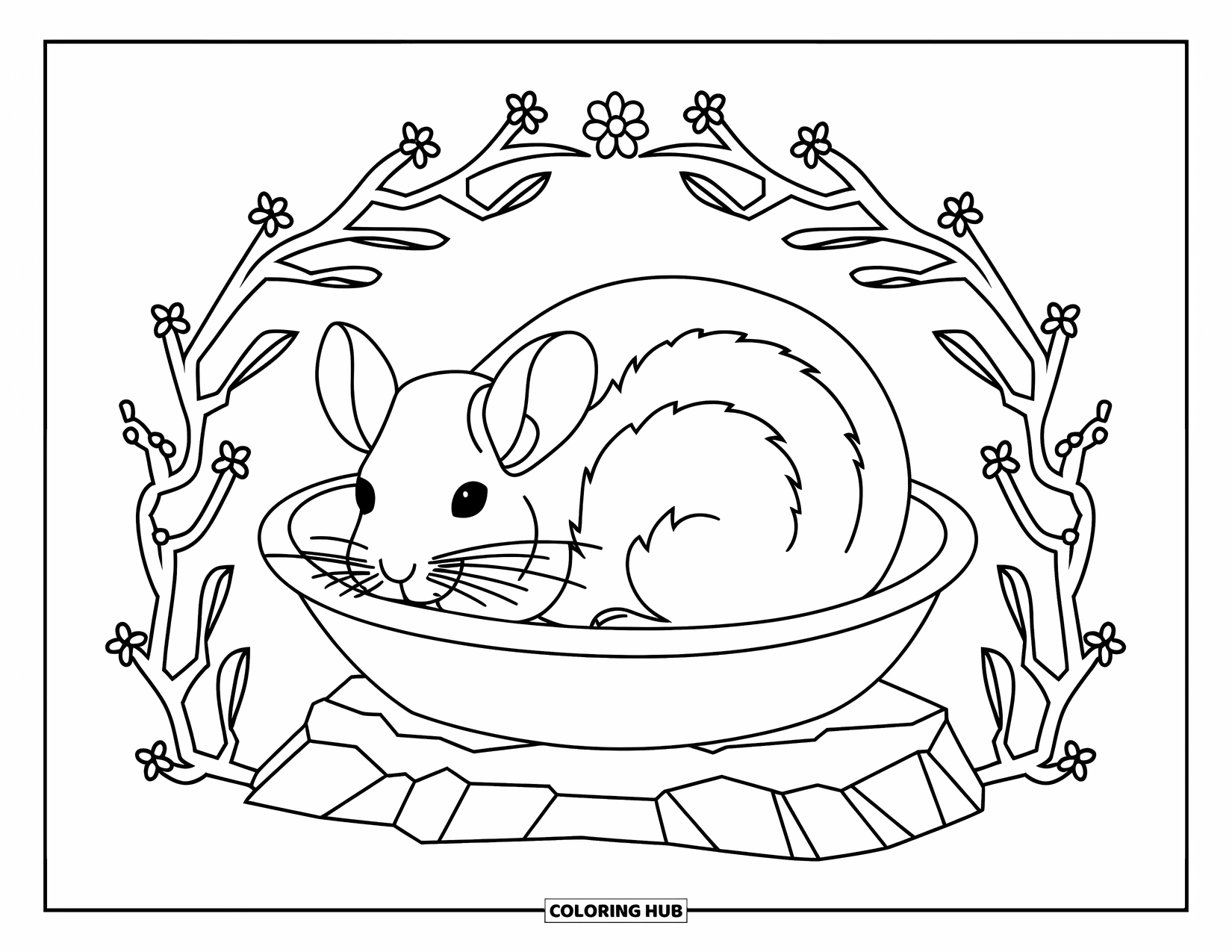 Chinchilla Coloring Page for Adults: A peaceful chinchilla curls in a bowl with floral twigs creating a calming scene