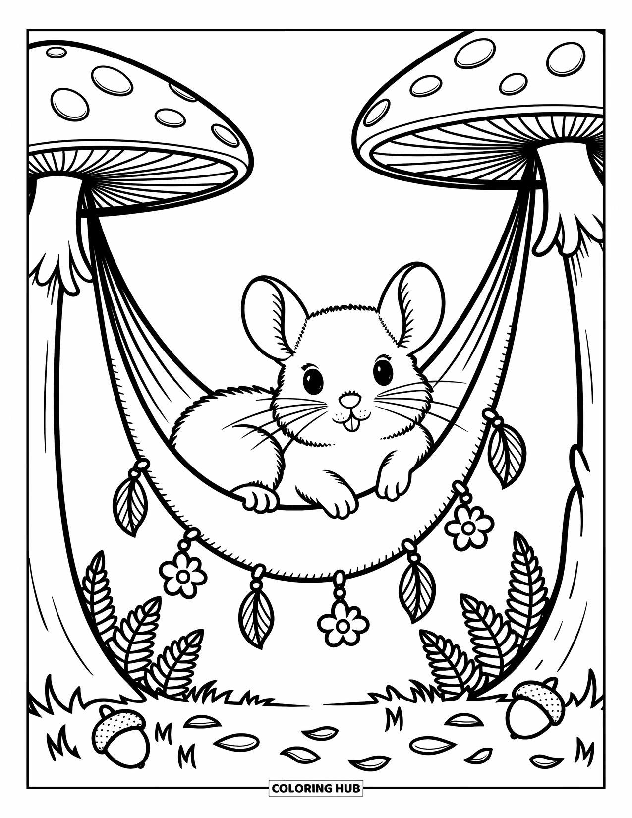 Chinchilla Coloring Page for Adults: A relaxed chinchilla lounges in a hammock strung between two giant forest mushrooms