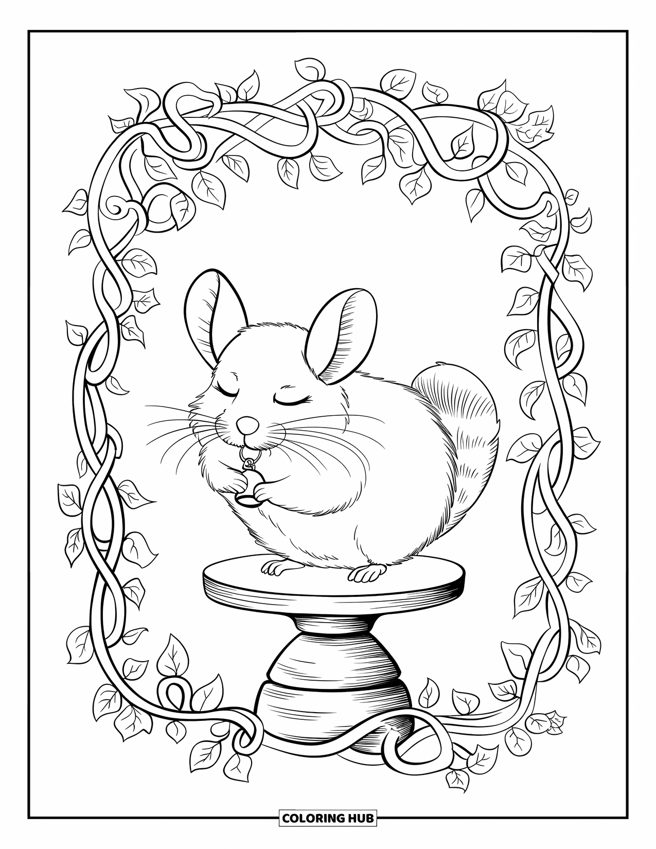 Chinchilla Coloring Page for Adults: A sleepy chinchilla stands on a wooden perch holding a tiny bell in a leafy frame