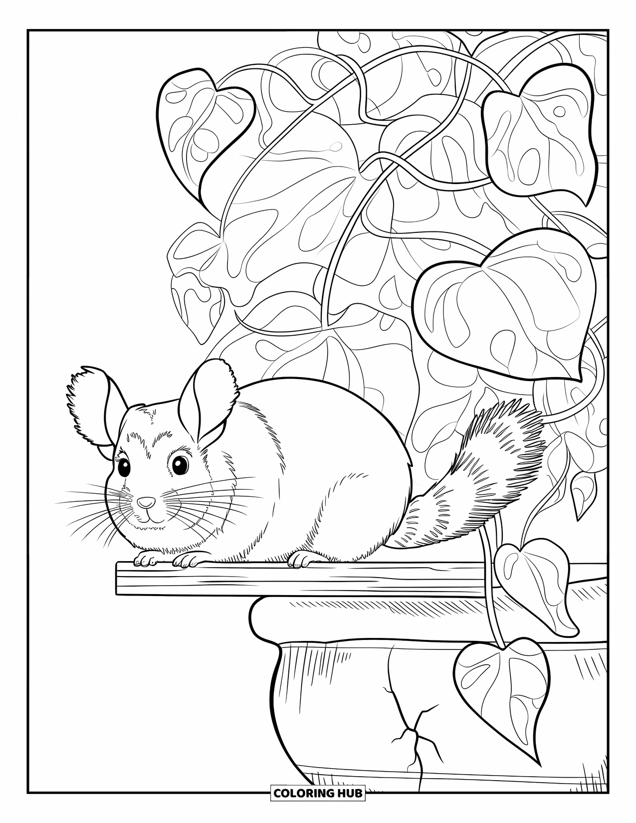 Chinchilla Coloring Page for Adults: A wide-eyed chinchilla stands on a perch with potted vines and cracked ceramic details
