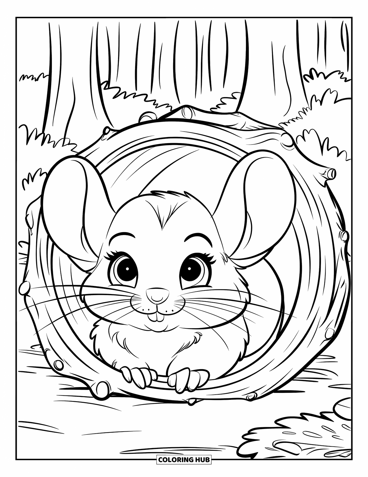 Chinchilla Coloring Page for Kids: Baby chinchilla peeks out of a round hideout made of sticks in the forest