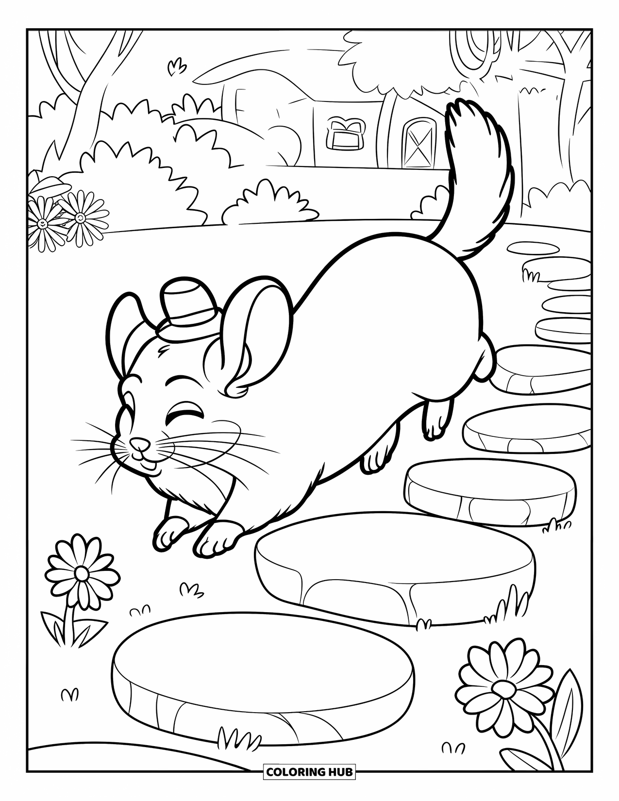 Chinchilla Coloring Page for Kids: Chinchilla hops across garden stones with a hat and cheerful expression