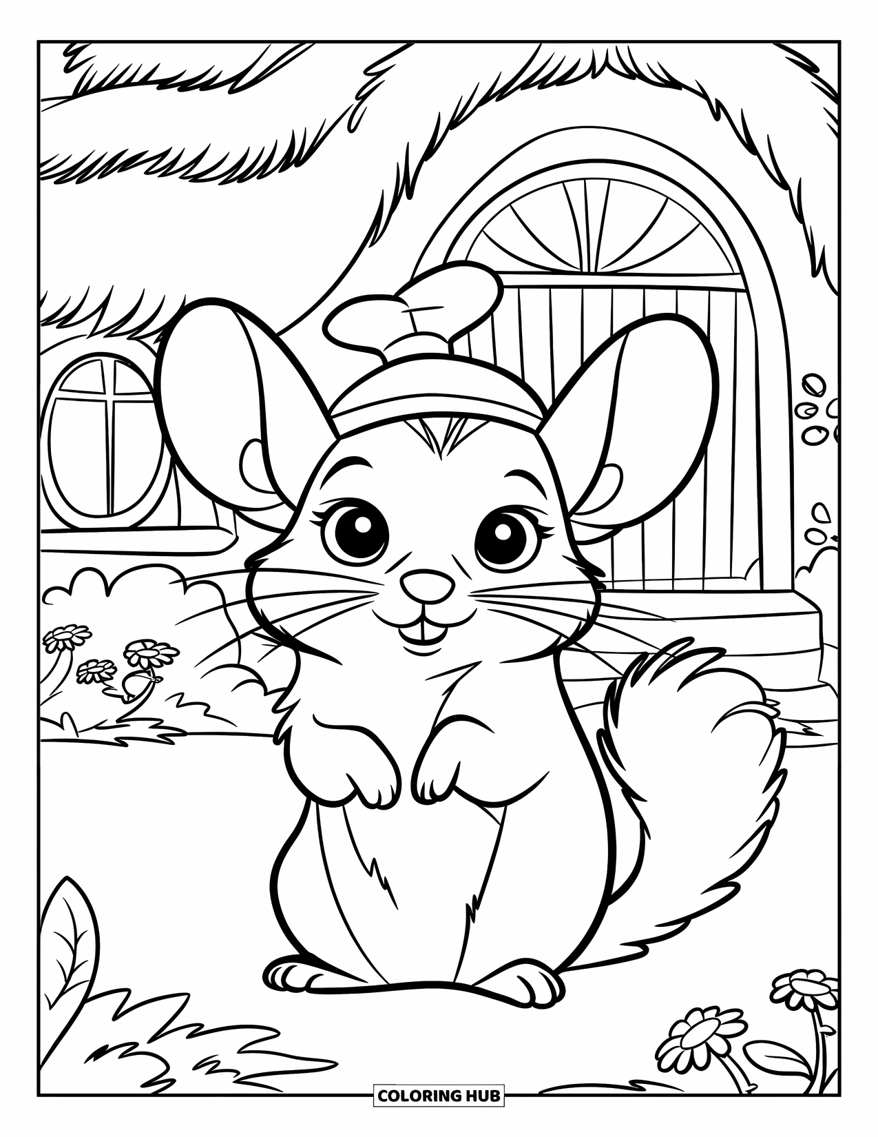 Chinchilla Coloring Page for Kids: Chinchilla in a cute hat sits happily in front of a flowery white cottage