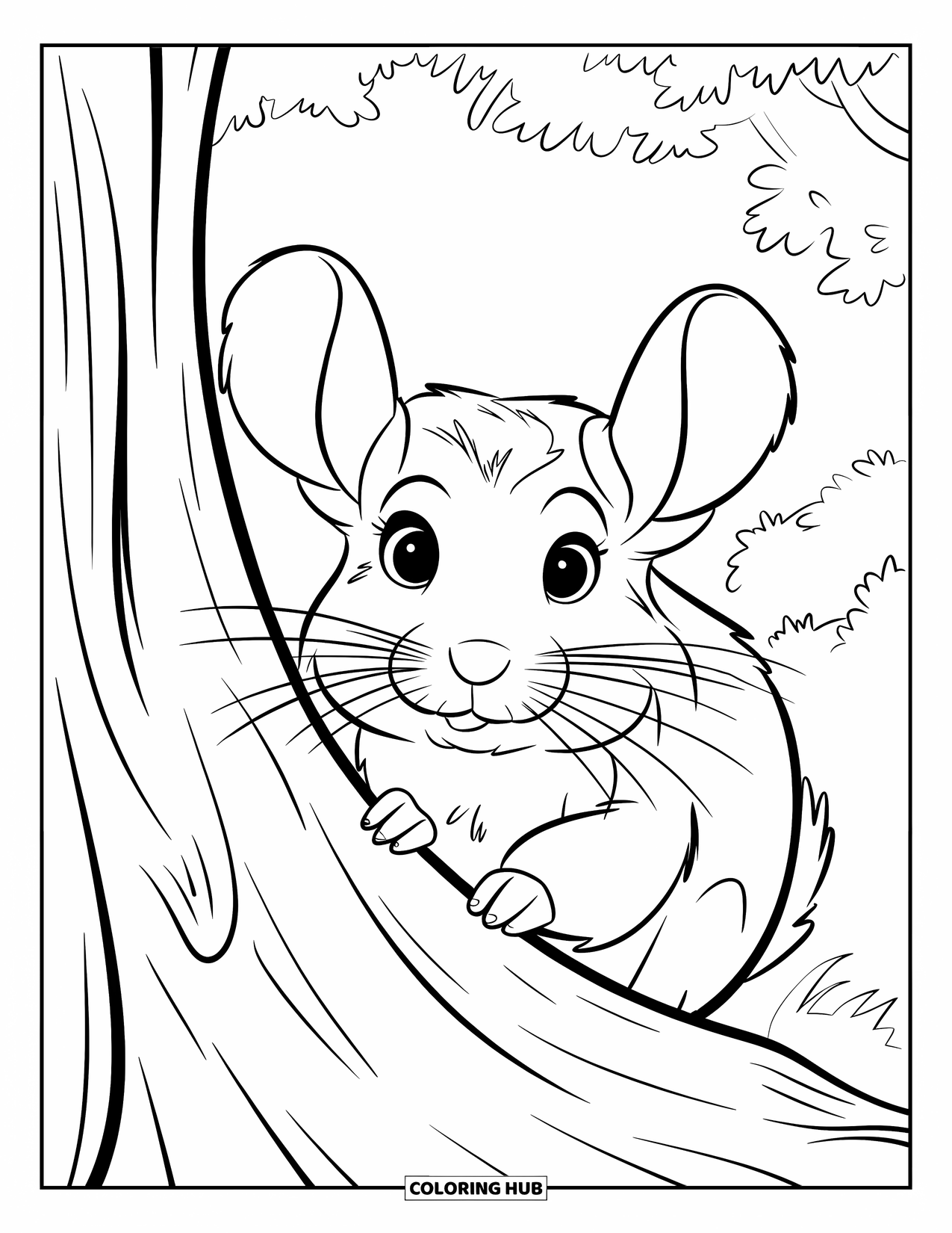 Chinchilla Coloring Page for Kids: Chinchilla peeks from a tree trunk in a lush green woodland