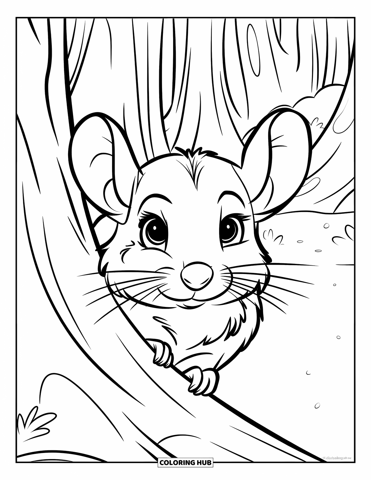 Chinchilla Coloring Page for Kids: Chinchilla peeks out shyly from behind a tall forest tree