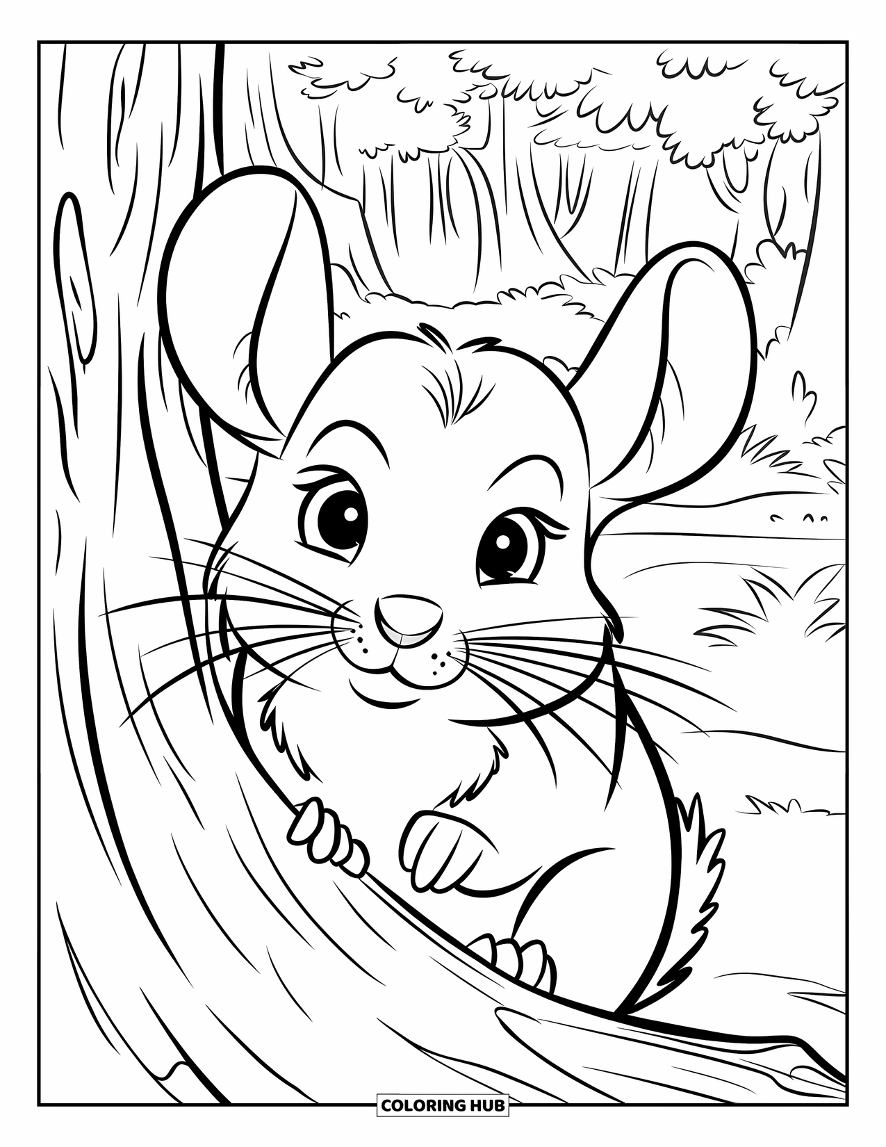 Chinchilla Coloring Page for Kids: Chinchilla peers around a branch in a thick, leafy forest