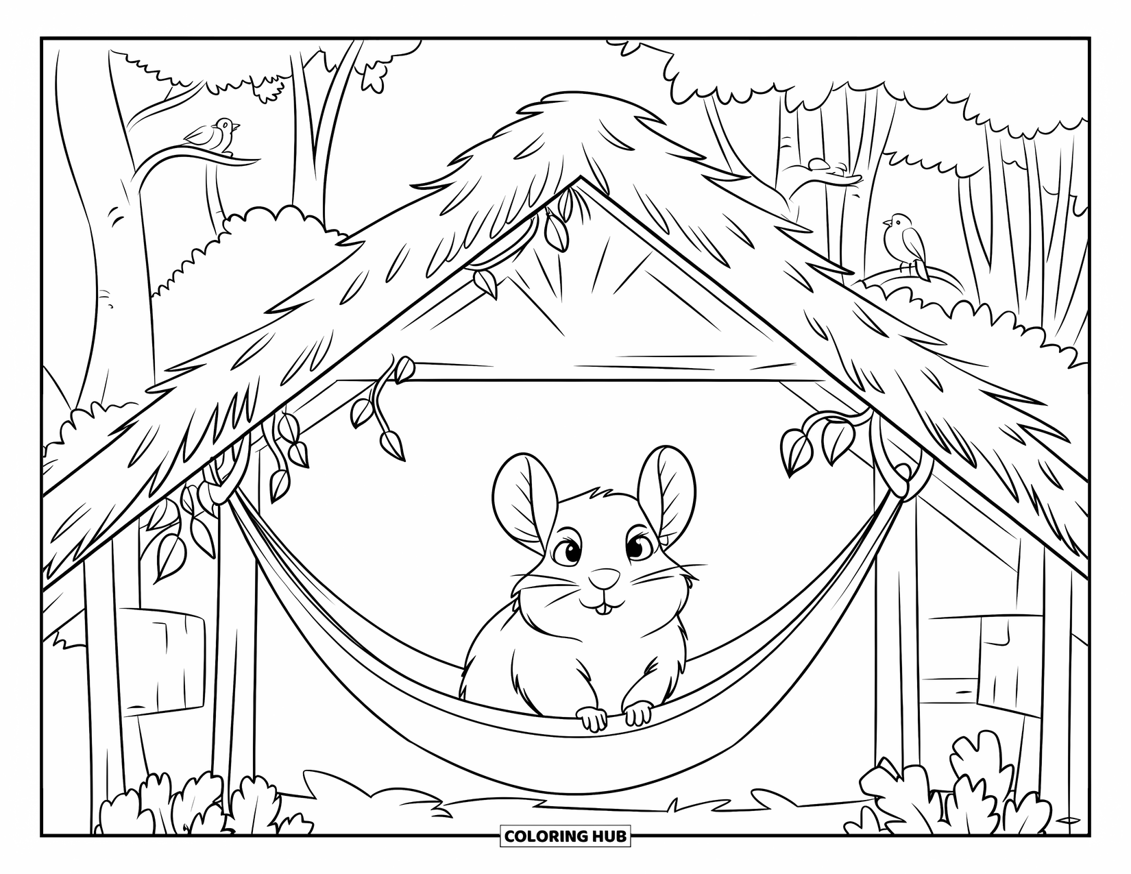 Chinchilla Coloring Page for Kids: Chinchilla relaxes in a hammock beneath leafy vines in a forest enclosure