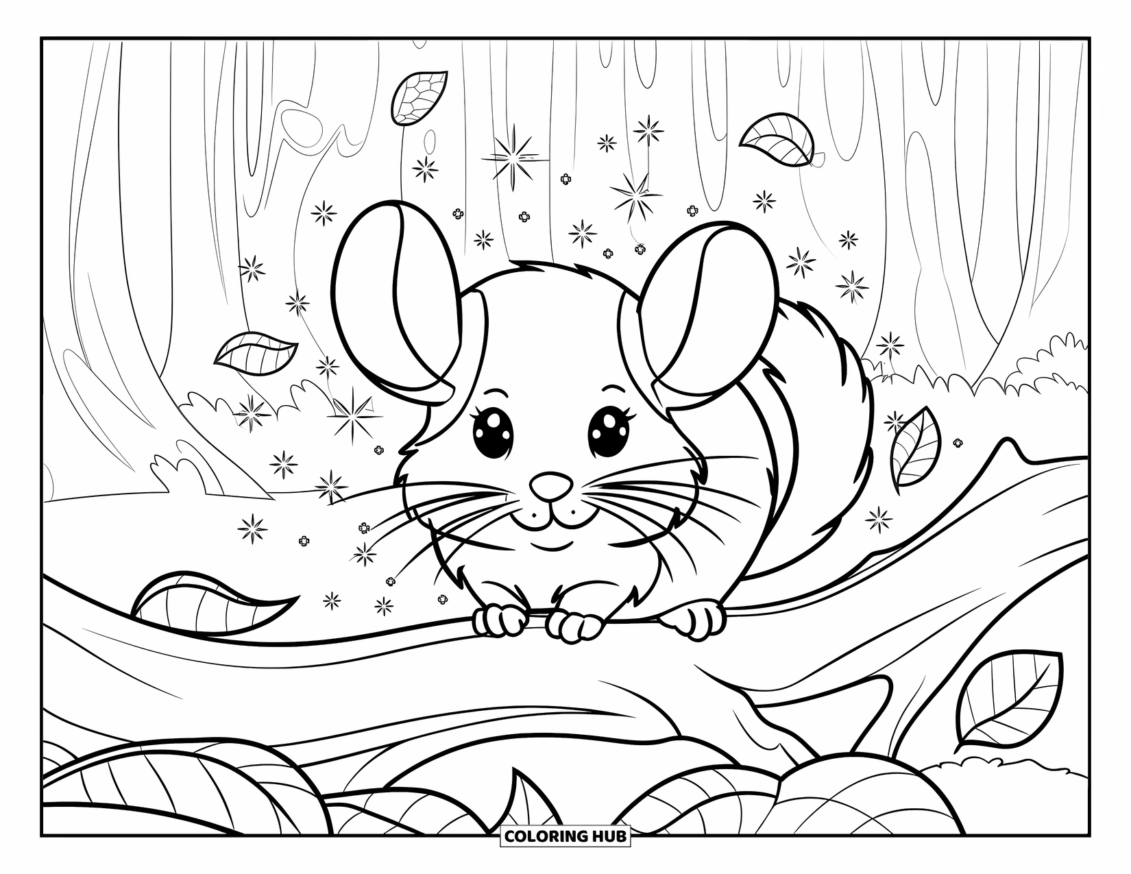 Chinchilla Coloring Page for Kids: Chinchilla rests on a branch among leaves and sparkles in a magical forest